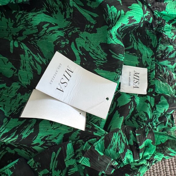 MISA Los Angeles Maxi Dress • Size S • Green/Black Print • Deep V & Slit - Picture 2 of 3